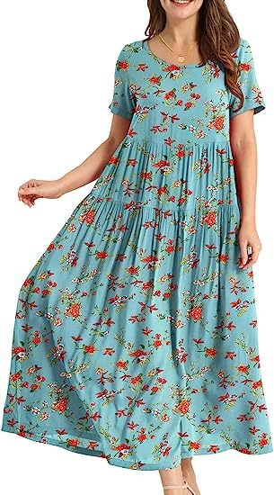 Rochie midi cu pliuri florale, croială lejeră — poliester, imprimeu cu efect 3D, imprimare, mâneci scurte, guler rotund