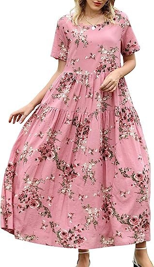 Rochie midi cu pliuri florale, croială lejeră — poliester, imprimeu cu efect 3D, imprimare, mâneci scurte, guler rotund