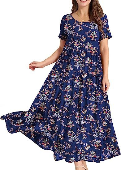 Rochie midi cu pliuri florale, croială lejeră — poliester, imprimeu cu efect 3D, imprimare, mâneci scurte, guler rotund