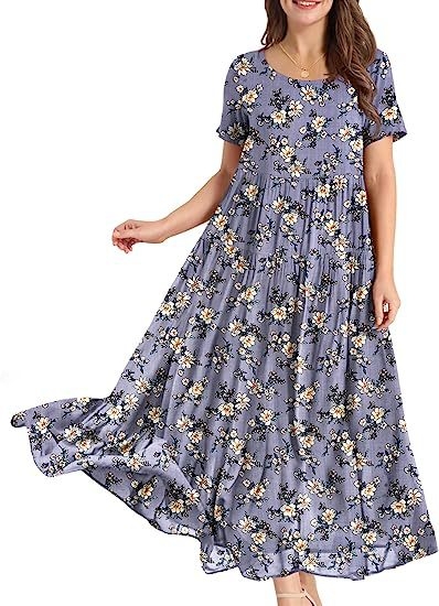 Rochie midi cu pliuri florale, croială lejeră — poliester, imprimeu cu efect 3D, imprimare, mâneci scurte, guler rotund