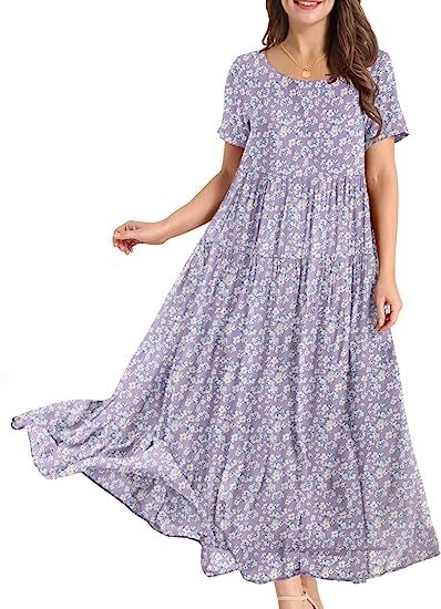 Rochie midi cu pliuri florale, croială lejeră — poliester, imprimeu cu efect 3D, imprimare, mâneci scurte, guler rotund