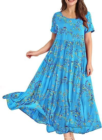 Rochie midi cu pliuri florale, croială lejeră — poliester, imprimeu cu efect 3D, imprimare, mâneci scurte, guler rotund