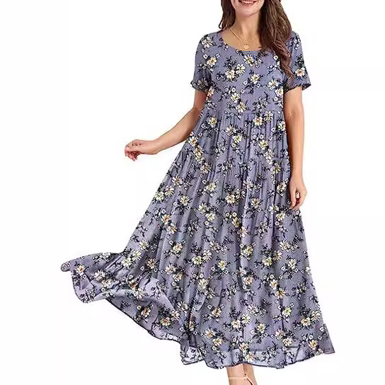 Rochie midi cu pliuri florale, croială lejeră — poliester, imprimeu cu efect 3D, imprimare, mâneci scurte, guler rotund