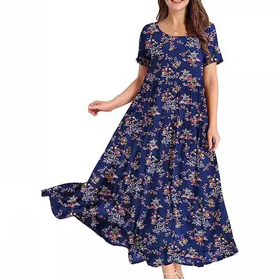Rochie midi cu pliuri florale, croială lejeră — poliester, imprimeu cu efect 3D, imprimare, mâneci scurte, guler rotund