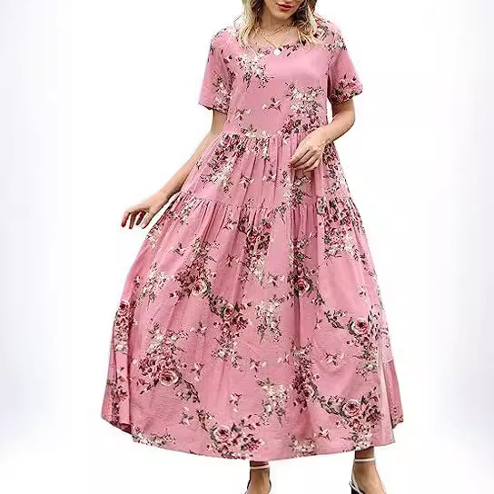 Rochie midi cu pliuri florale, croială lejeră — poliester, imprimeu cu efect 3D, imprimare, mâneci scurte, guler rotund
