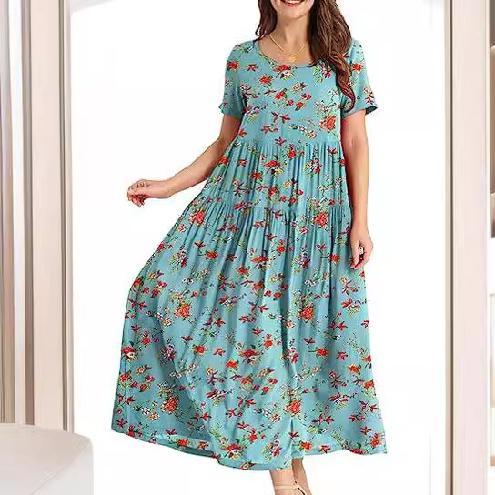 Rochie midi cu pliuri florale, croială lejeră — poliester, imprimeu cu efect 3D, imprimare, mâneci scurte, guler rotund