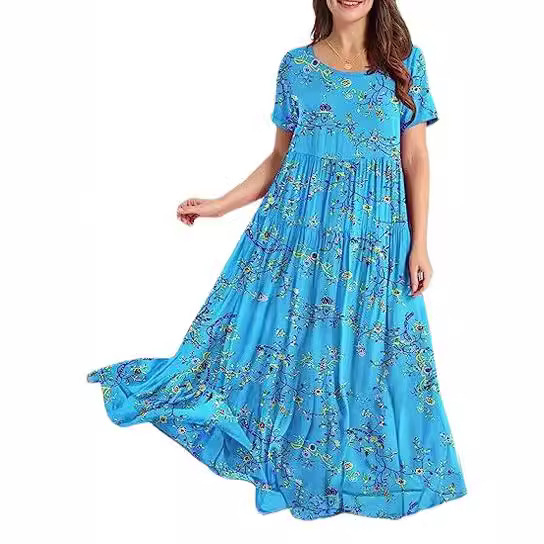 Rochie midi cu pliuri florale, croială lejeră — poliester, imprimeu cu efect 3D, imprimare, mâneci scurte, guler rotund