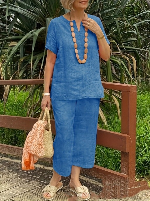 Ženski dvodjelni casual kostim set: hlače s elastičnim pojasom i košulja s ¾ rukavima, jednobojna pamuk-linena tkanina, collage-splice dizajn, proljeće 2025, poslovni stil