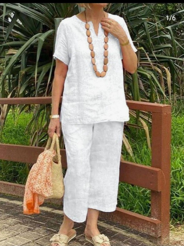 Ženski dvodjelni casual kostim set: hlače s elastičnim pojasom i košulja s ¾ rukavima, jednobojna pamuk-linena tkanina, collage-splice dizajn, proljeće 2025, poslovni stil