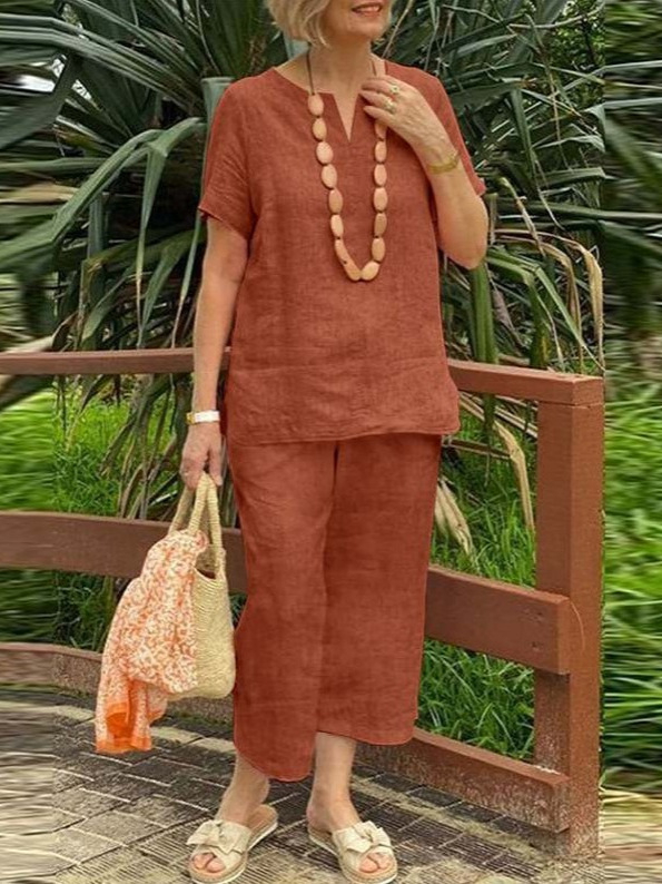 Ženski dvodjelni casual kostim set: hlače s elastičnim pojasom i košulja s ¾ rukavima, jednobojna pamuk-linena tkanina, collage-splice dizajn, proljeće 2025, poslovni stil