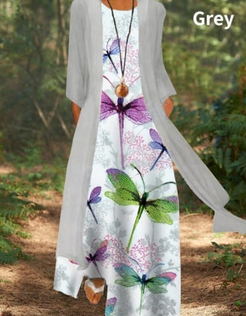 Retro stil s otiskom dragonfly, okrugli izrez, šifon maxi haljina, struk u sredini, kroj od jednog komada