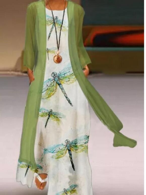 Retro stil s otiskom dragonfly, okrugli izrez, šifon maxi haljina, struk u sredini, kroj od jednog komada