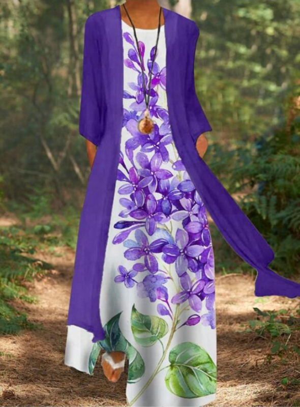 Retro stil s otiskom dragonfly, okrugli izrez, šifon maxi haljina, struk u sredini, kroj od jednog komada