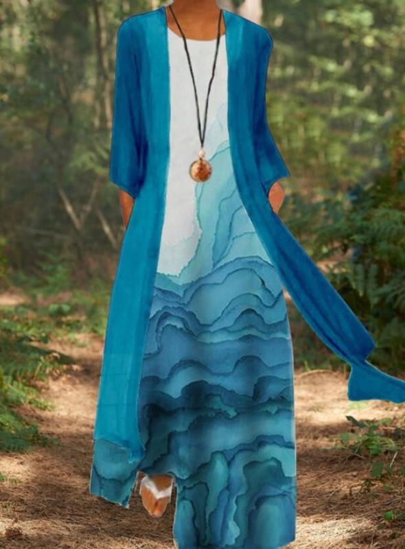 Retro stil s otiskom dragonfly, okrugli izrez, šifon maxi haljina, struk u sredini, kroj od jednog komada