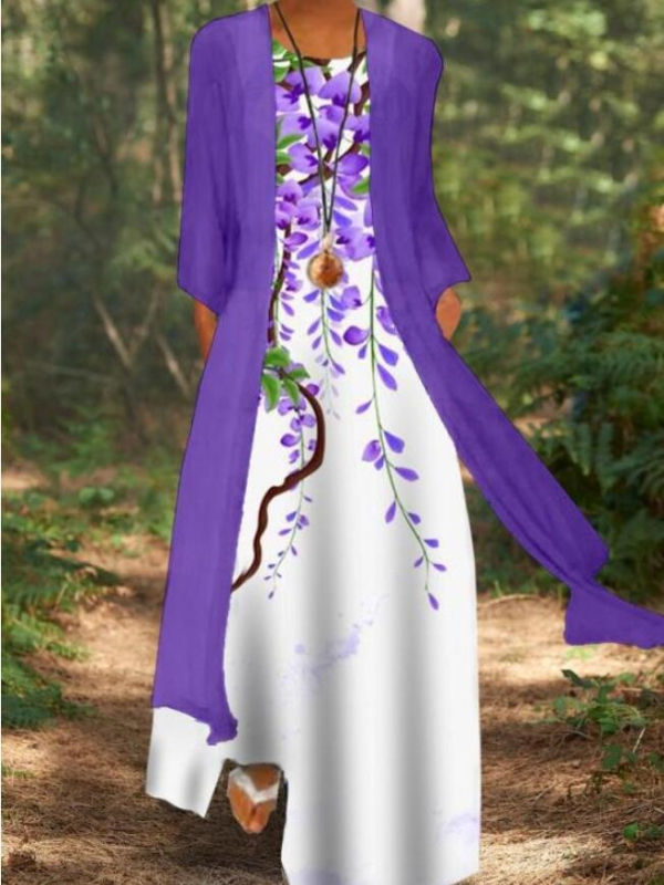 Retro stil s otiskom dragonfly, okrugli izrez, šifon maxi haljina, struk u sredini, kroj od jednog komada