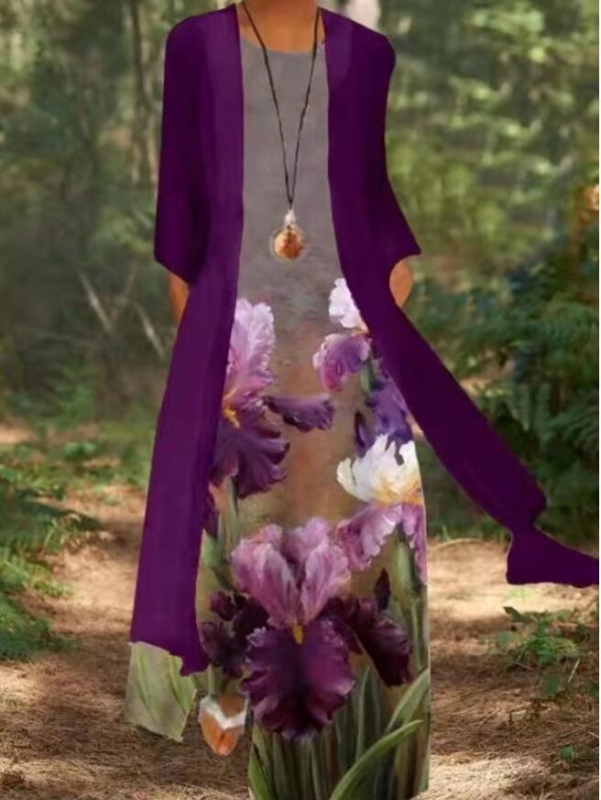 Retro stil s otiskom dragonfly, okrugli izrez, šifon maxi haljina, struk u sredini, kroj od jednog komada