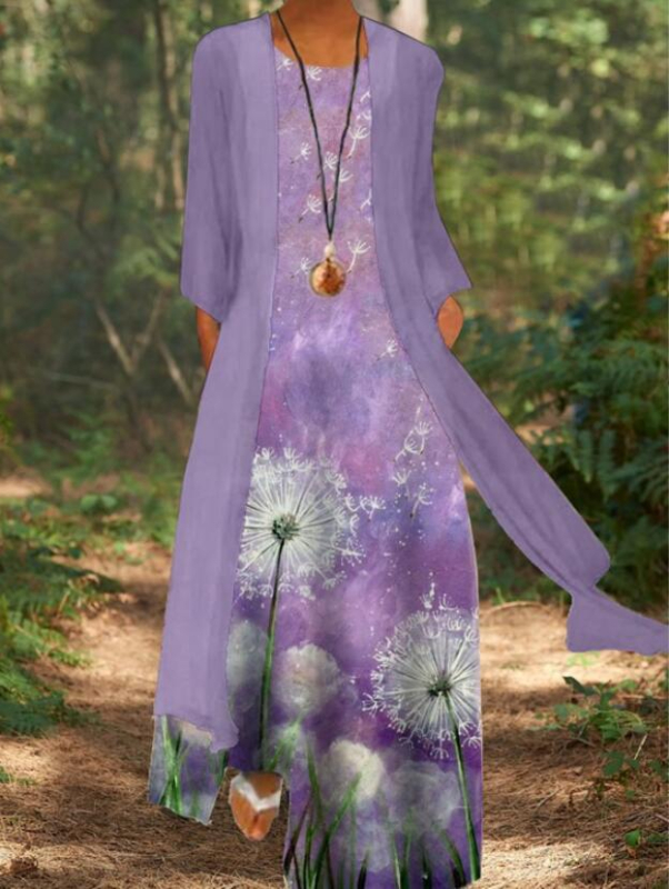 Retro stil s otiskom dragonfly, okrugli izrez, šifon maxi haljina, struk u sredini, kroj od jednog komada