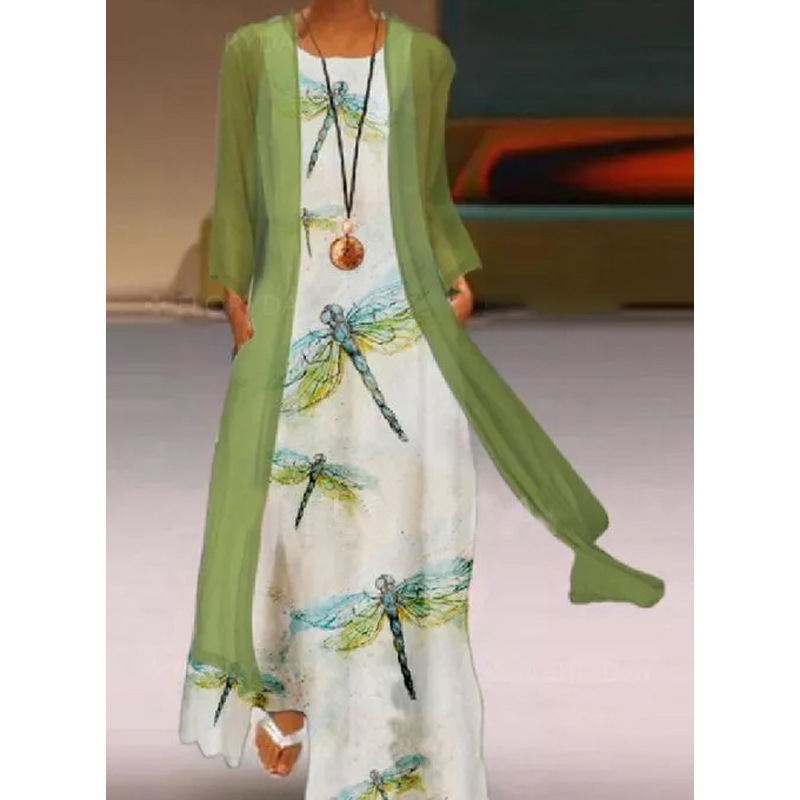 Retro stil s otiskom dragonfly, okrugli izrez, šifon maxi haljina, struk u sredini, kroj od jednog komada