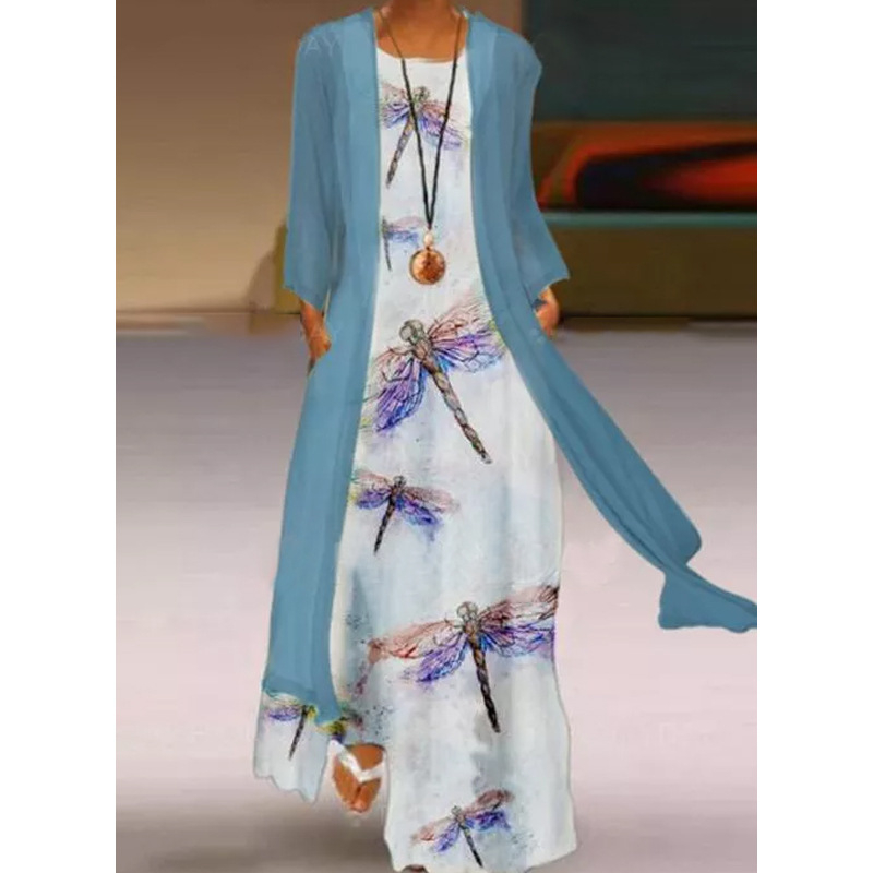Retro stil s otiskom dragonfly, okrugli izrez, šifon maxi haljina, struk u sredini, kroj od jednog komada