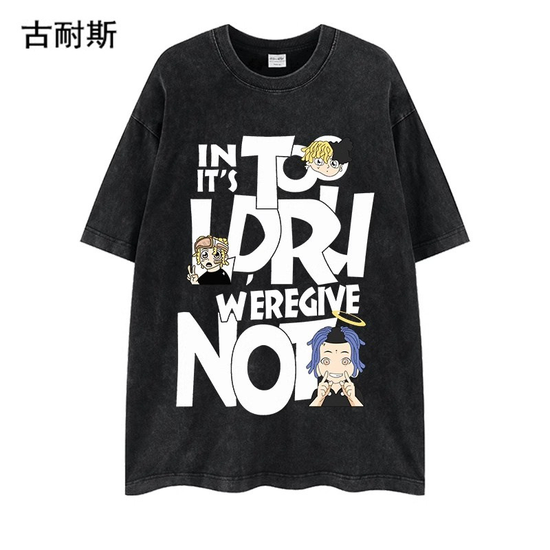 Βαμβακερή T-shirt σε χαλαρή γραμμή με εκτύπωση χαρακτήρα, στρογγυλό λαιμό, κοντό μανίκι, street hip hop στυλ