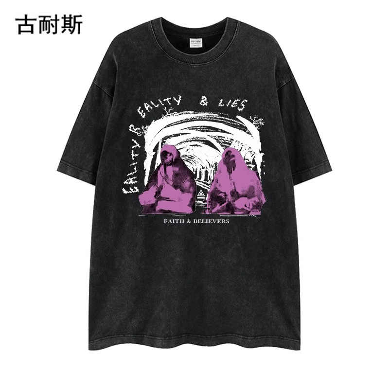 Kokvilnas T-krekls brīvā piegriezumā ar tēla printu, apaļš kakls, pusgaras piedurknes, ielu hip-hop stils