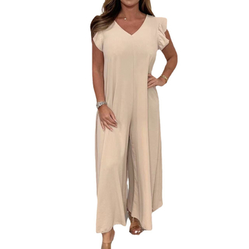 Ολόσωμη φόρμα με βολάν και φαρδιά παντελόνια, ύφασμα πολυεστερ-ελαστάν, μέση μεσαία, μανίκια 3/4, υψηλή ελαστικότητα