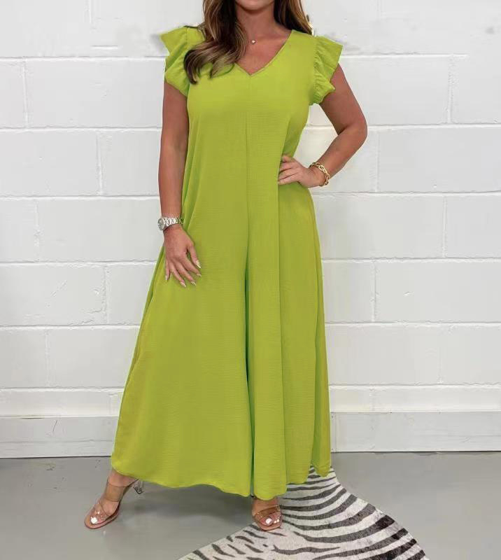 Ολόσωμη φόρμα με βολάν και φαρδιά παντελόνια, ύφασμα πολυεστερ-ελαστάν, μέση μεσαία, μανίκια 3/4, υψηλή ελαστικότητα