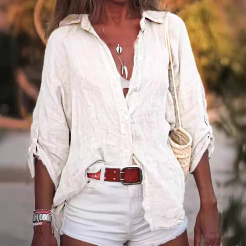 Krekli no kokvilnas un lina ar 3/4 garuma piedurknēm, paneļu šuvju dizains, vienkārša apkakle, pilsētas stils