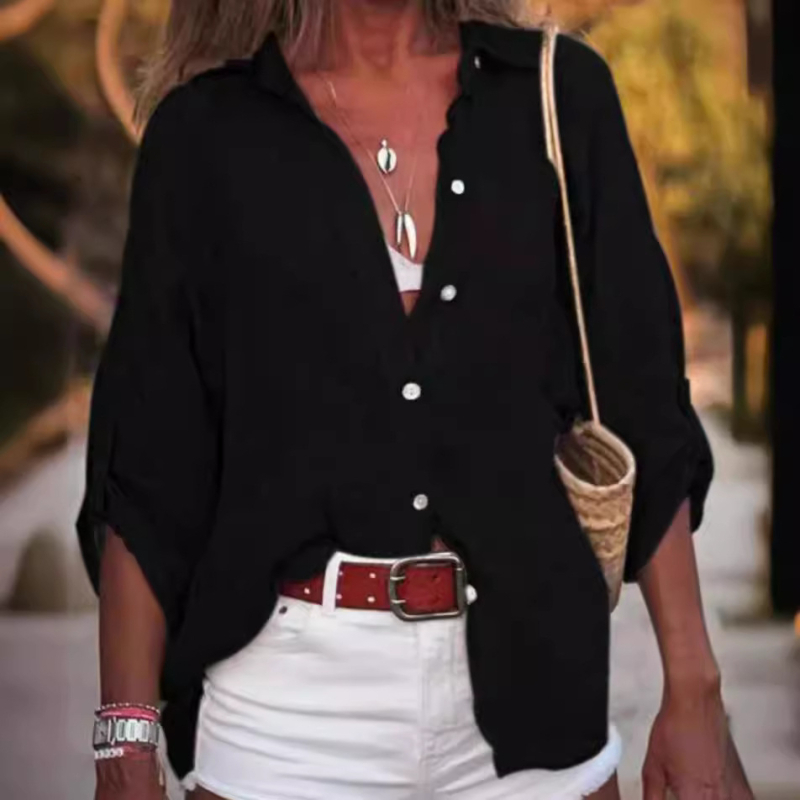 Krekli no kokvilnas un lina ar 3/4 garuma piedurknēm, paneļu šuvju dizains, vienkārša apkakle, pilsētas stils