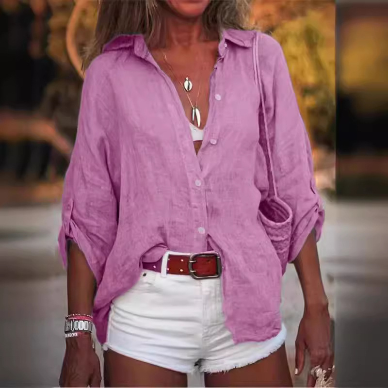 Krekli no kokvilnas un lina ar 3/4 garuma piedurknēm, paneļu šuvju dizains, vienkārša apkakle, pilsētas stils