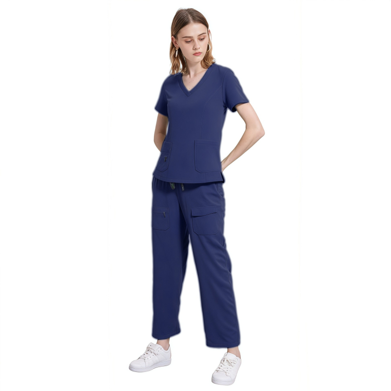 Ženský zdravotnícky set, top s výstrihom do V a krátkymi rukávmi + nohavice, rýchloschnúci polyester-spandex materiál