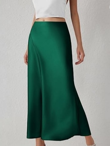 Midi suknja s visokim strukom, silueta ribljeg repa, mercerizirana satenska tkanina, sadržaj poliestera 30–50%