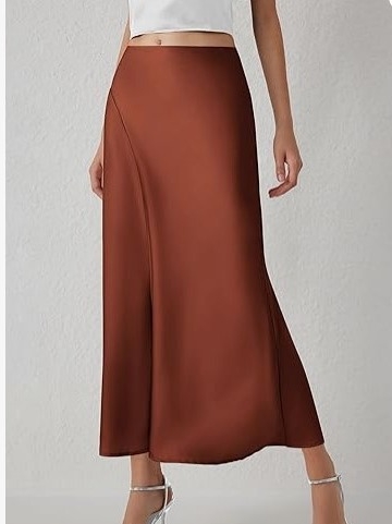 Midi suknja s visokim strukom, silueta ribljeg repa, mercerizirana satenska tkanina, sadržaj poliestera 30–50%