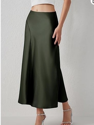 Midi suknja s visokim strukom, silueta ribljeg repa, mercerizirana satenska tkanina, sadržaj poliestera 30–50%