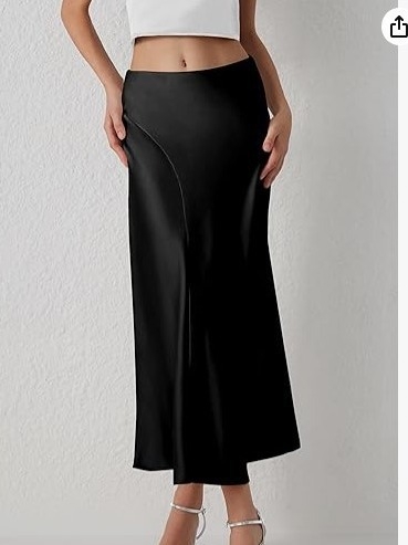 Midi suknja s visokim strukom, silueta ribljeg repa, mercerizirana satenska tkanina, sadržaj poliestera 30–50%