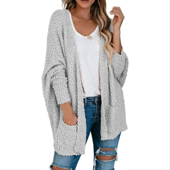 Cardigan pulover cu țesătură de catifea, mâneci bat, decolteu în V, lungime medie, croială lejeră