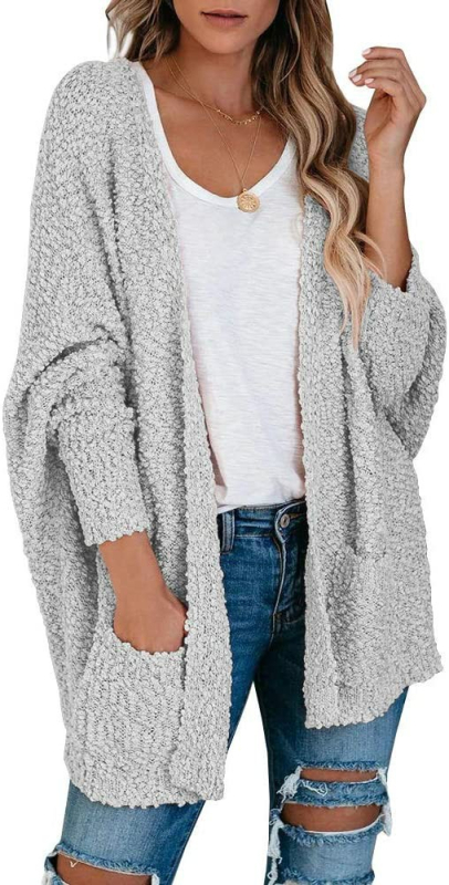Cardigan pulover cu țesătură de catifea, mâneci bat, decolteu în V, lungime medie, croială lejeră