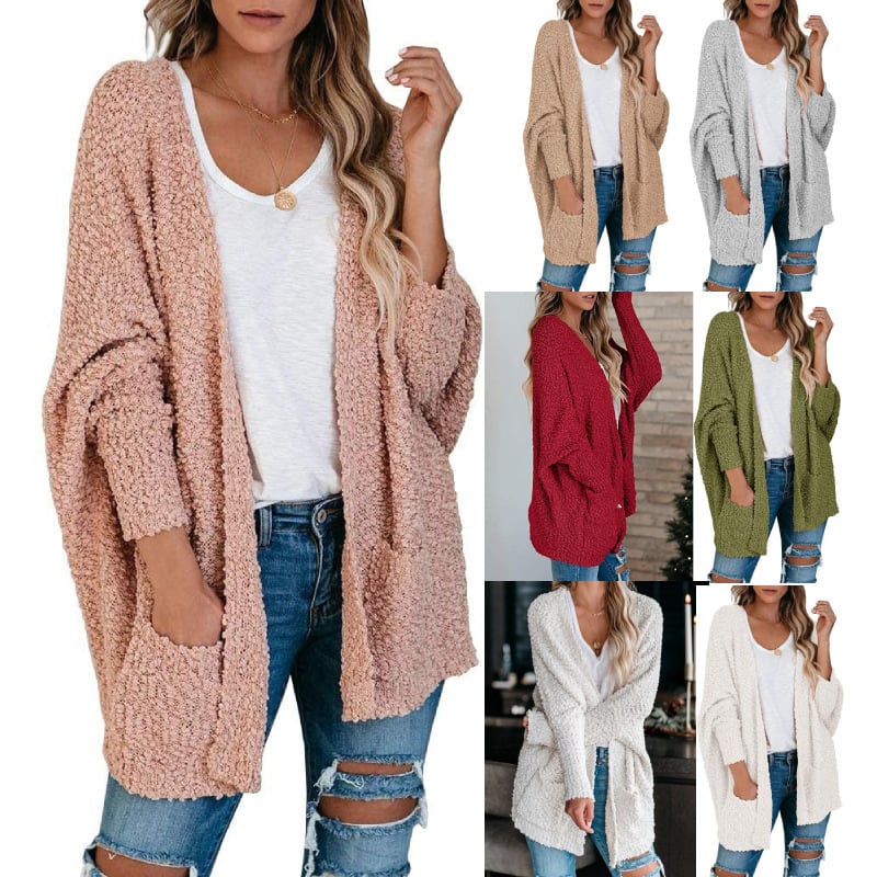 Cardigan pulover cu țesătură de catifea, mâneci bat, decolteu în V, lungime medie, croială lejeră