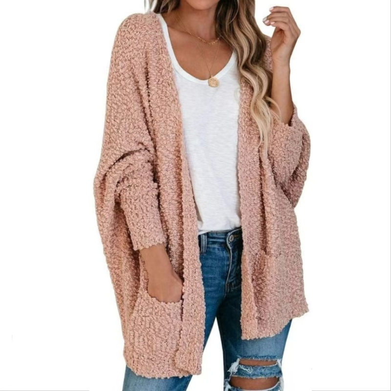 Cardigan pulover cu țesătură de catifea, mâneci bat, decolteu în V, lungime medie, croială lejeră