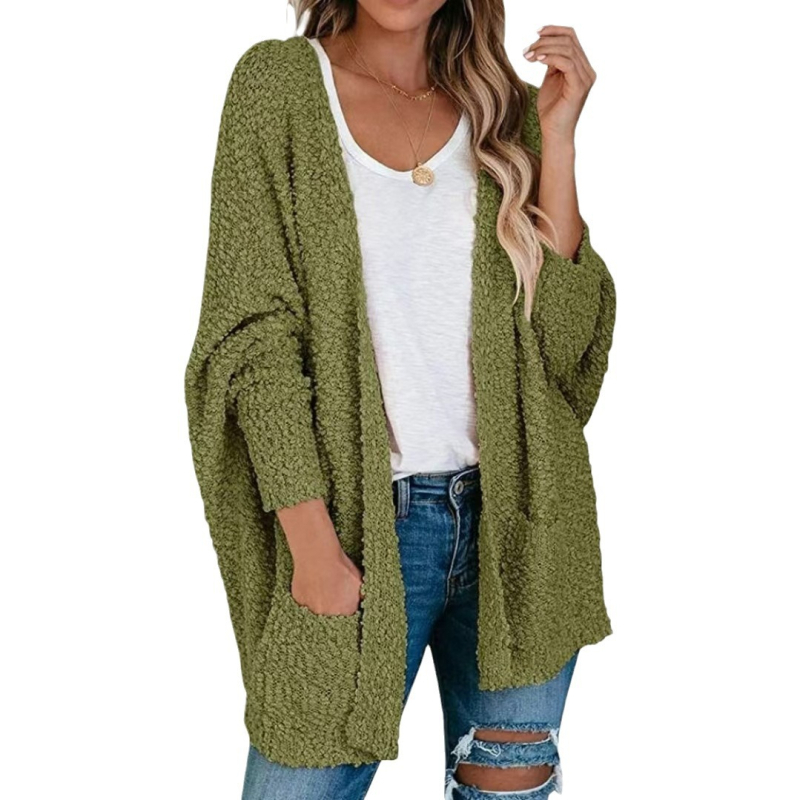 Cardigan pulover cu țesătură de catifea, mâneci bat, decolteu în V, lungime medie, croială lejeră