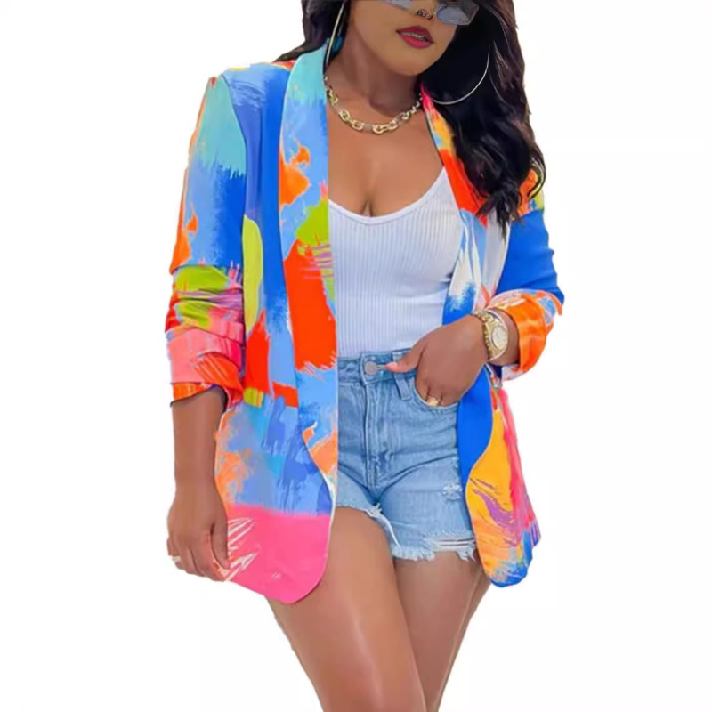 Sacou de costum pentru femei, croială lejeră, cu 3D motif, tehnică de imprimare, guler de costum, țesătură poliester