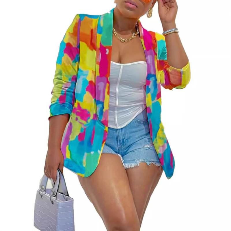 Sacou de costum pentru femei, croială lejeră, cu 3D motif, tehnică de imprimare, guler de costum, țesătură poliester