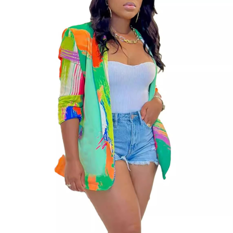 Sacou de costum pentru femei, croială lejeră, cu 3D motif, tehnică de imprimare, guler de costum, țesătură poliester