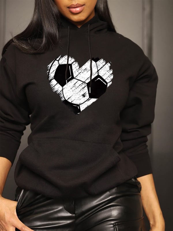 Ženski hoodie s kapuljom i otiskom srca u obliku nogometne lopte, poliester, dugi rukavi, slobodan kroj