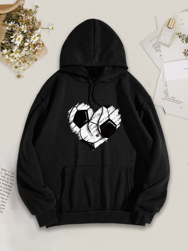 Ženski hoodie s kapuljom i otiskom srca u obliku nogometne lopte, poliester, dugi rukavi, slobodan kroj