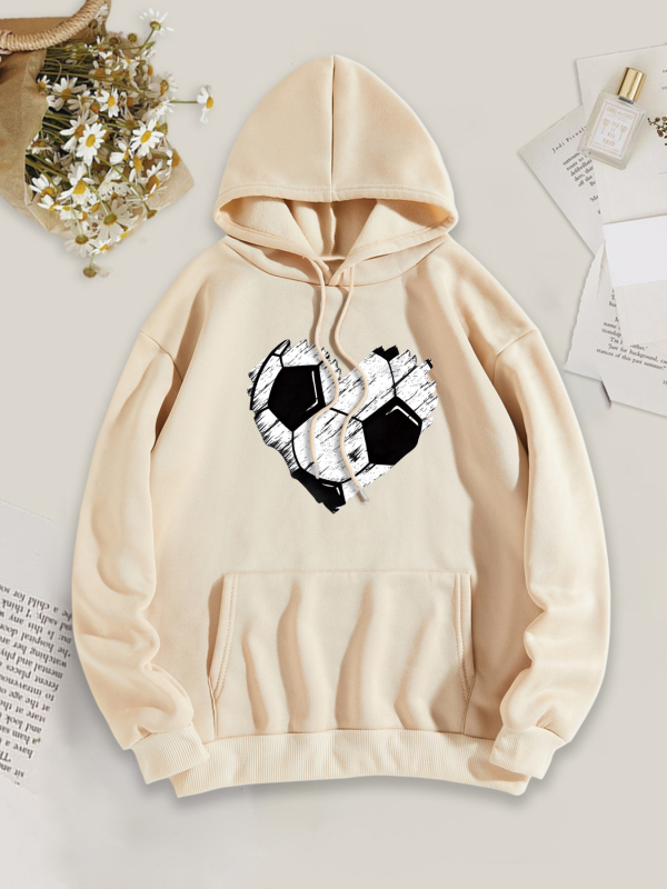 Ženski hoodie s kapuljom i otiskom srca u obliku nogometne lopte, poliester, dugi rukavi, slobodan kroj