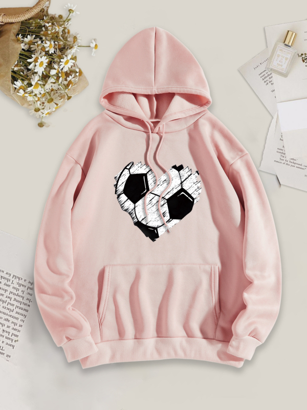 Ženski hoodie s kapuljom i otiskom srca u obliku nogometne lopte, poliester, dugi rukavi, slobodan kroj