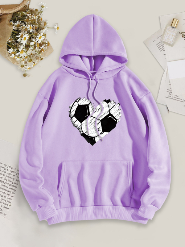 Ženski hoodie s kapuljom i otiskom srca u obliku nogometne lopte, poliester, dugi rukavi, slobodan kroj