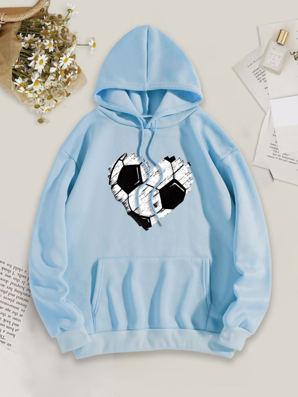 Ženski hoodie s kapuljom i otiskom srca u obliku nogometne lopte, poliester, dugi rukavi, slobodan kroj