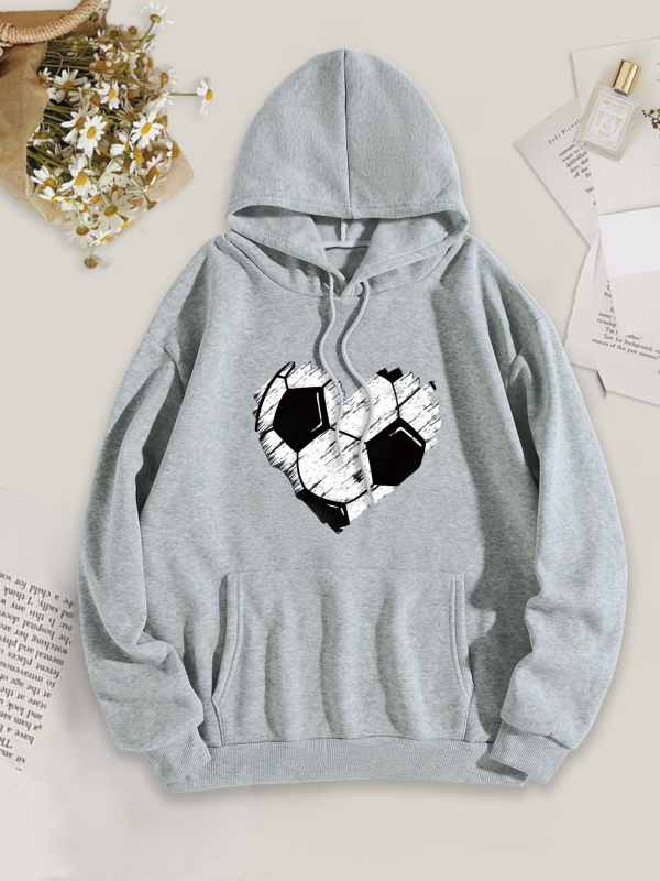 Ženski hoodie s kapuljom i otiskom srca u obliku nogometne lopte, poliester, dugi rukavi, slobodan kroj